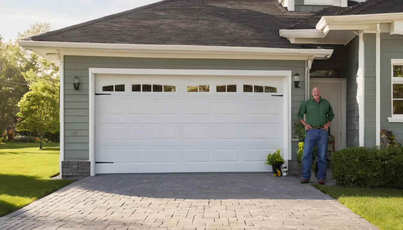 Friendly garage door provider checking a newly installed garage door at a home in Pasadena