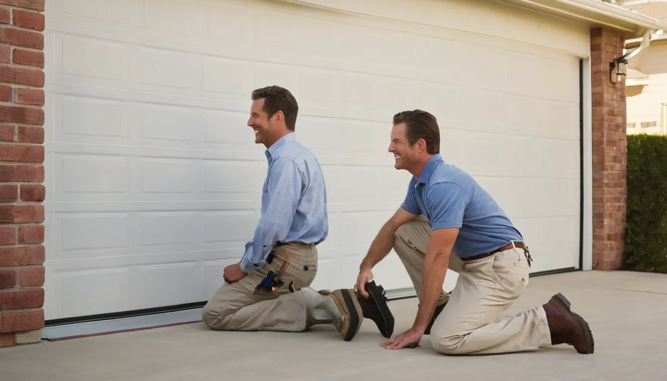 A friendly garage door provider checking the track and springs of a home garage door in Pasadena